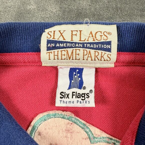 VTG 90s Six Flags Pepe Le Pew Embroidered Polo Shirt Men’s Fuchsia Teal Size L - Picture 8 of 10